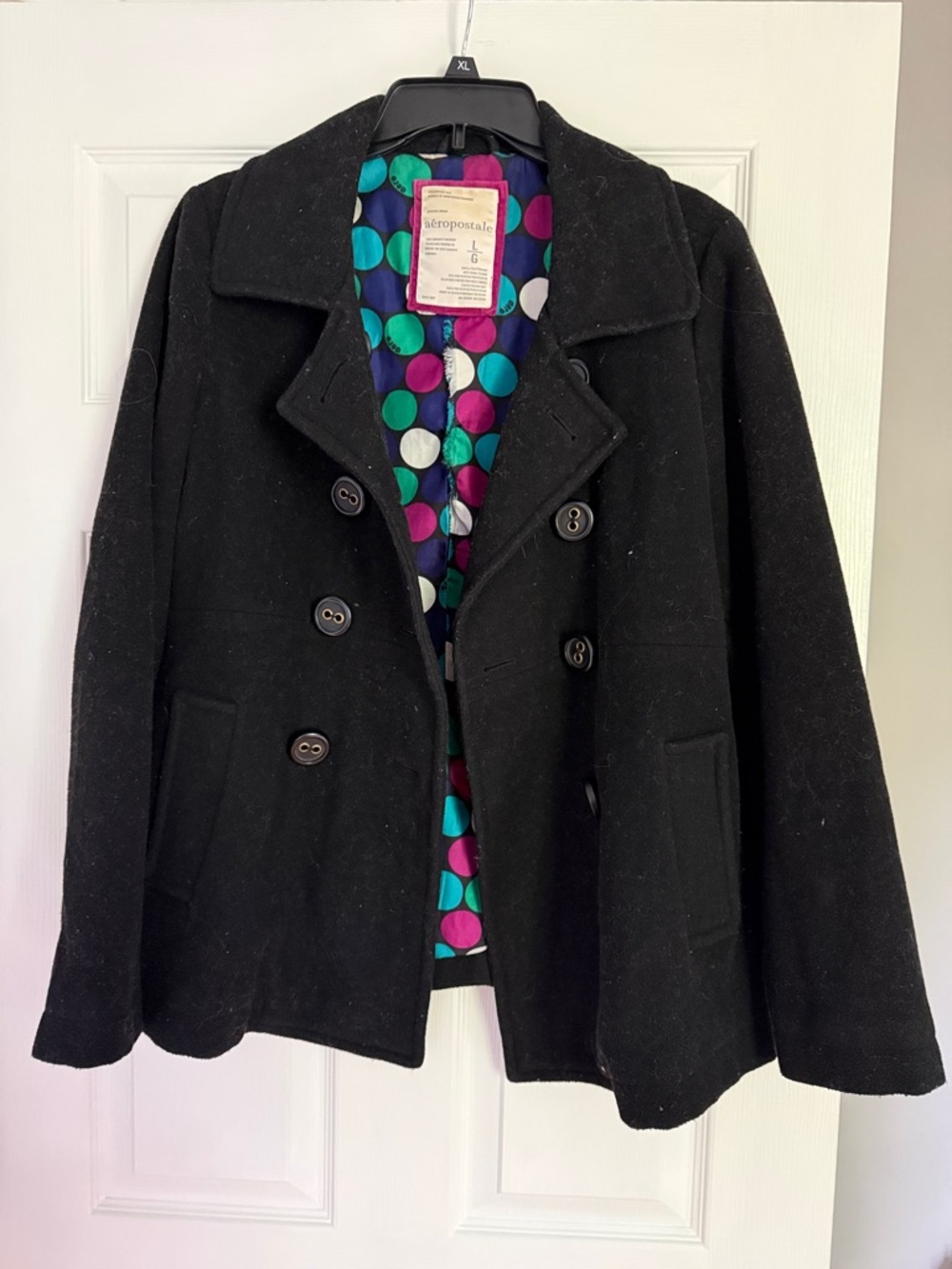 Aeropostale Black Double-Breasted Pea Coat with Colorful Polka Dot Lining